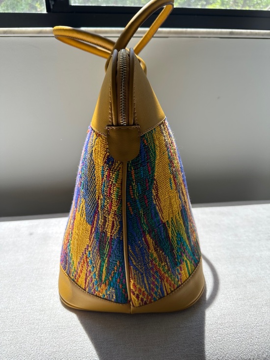 Guatemalan  leather and Embroidered Travel Tote Bag with Multicolor Panel - Picture 5 of 17